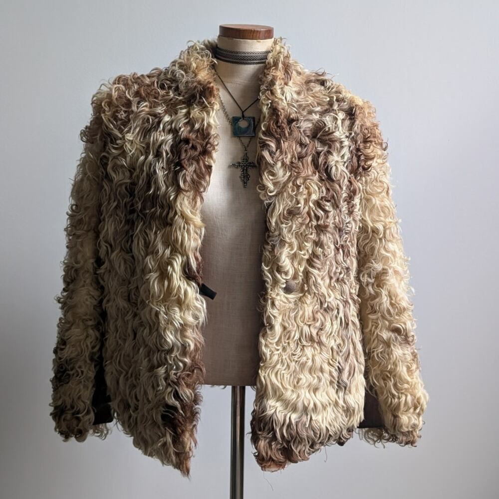 Vintage Leather Penny Lane Jacket Faux Fur Furry 70s Afghan Tapestry Trench Coat - Picture 7 of 16